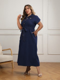 Plus Size Denim Lapel Belt Midi Dress GDAM-218338