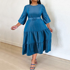Plus Size Denim Half Sleeve Belt Midi Dress GDAM-218373