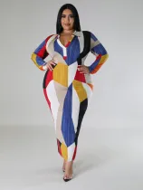 Plus Size Print V Neck Long Sleeve Maxi Dress GDAM-218332