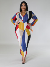 Plus Size Print V Neck Long Sleeve Maxi Dress GDAM-218332