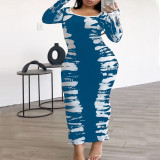 Plus Size Print Long Sleeve Tight Maxi Dress GDAM-218372