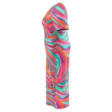 Plus Size Print Short Sleeve V Neck Maxi Dress GDAM-218375