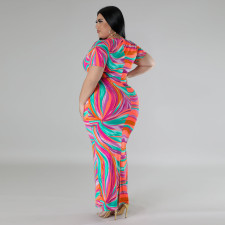 Plus Size Print Short Sleeve V Neck Maxi Dress GDAM-218375