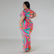 Plus Size Print Short Sleeve V Neck Maxi Dress GDAM-218375