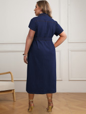 Plus Size Denim Lapel Belt Midi Dress GDAM-218338