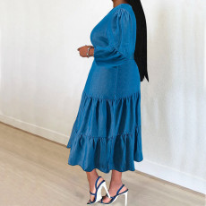 Plus Size Denim Half Sleeve Belt Midi Dress GDAM-218373