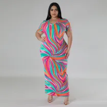 Plus Size Print Short Sleeve V Neck Maxi Dress GDAM-218375