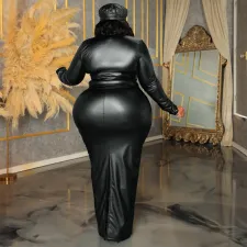 Plus Size PU Leather Long Sleeve Long Skirt 2 Piece Set GDAM-8801