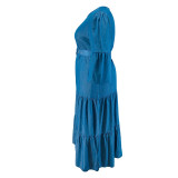 Plus Size Denim Half Sleeve Belt Midi Dress GDAM-218373