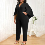 Plus Size Solid Bat Cloak Sexy V-Neck Jumpsuit NNWF-P3049