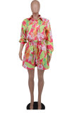 Long Sleeve Print Shirt Two Piece Shorts Set XHXF-8690