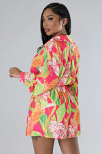 Long Sleeve Print Shirt Two Piece Shorts Set XHXF-8690