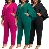 Plus Size Solid Bat Cloak Sexy V-Neck Jumpsuit NNWF-P3049