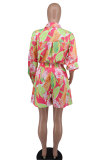Long Sleeve Print Shirt Two Piece Shorts Set XHXF-8690
