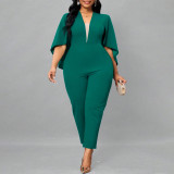 Plus Size Solid Bat Cloak Sexy V-Neck Jumpsuit NNWF-P3049