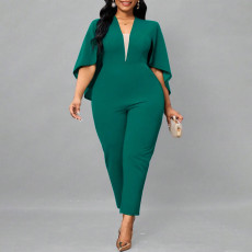Plus Size Solid Bat Cloak Sexy V-Neck Jumpsuit NNWF-P3049