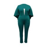 Plus Size Solid Bat Cloak Sexy V-Neck Jumpsuit NNWF-P3049