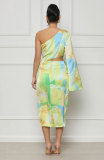 Fashion Single Shoulder Long Sleeve Print Midi Dress XHXF-398