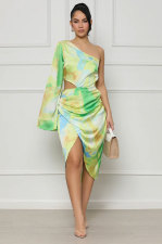 Fashion Single Shoulder Long Sleeve Print Midi Dress XHXF-398