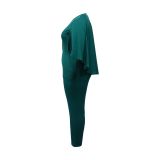 Plus Size Solid Bat Cloak Sexy V-Neck Jumpsuit NNWF-P3049