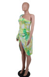 Fashion Single Shoulder Long Sleeve Print Midi Dress XHXF-398