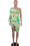 Fashion Single Shoulder Long Sleeve Print Midi Dress XHXF-398