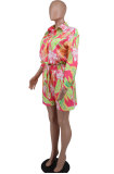 Long Sleeve Print Shirt Two Piece Shorts Set XHXF-8690