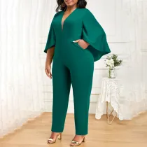 Plus Size Solid Bat Cloak Sexy V-Neck Jumpsuit NNWF-P3049
