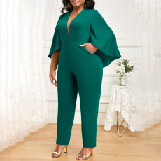 Plus Size Solid Bat Cloak Sexy V-Neck Jumpsuit NNWF-P3049