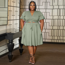 Plus Size Ruffle Sleeve Lace-Up Two Piece Skirt Set NNWF-7991