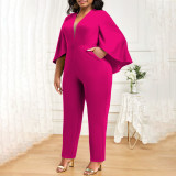 Plus Size Solid Bat Cloak Sexy V-Neck Jumpsuit NNWF-P3049
