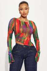 Sexy Mesh Printed Drawstring Top YD-8803