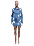 Fashion Print Long Sleeve Denim Two PIece Skirt Set MEM-88549