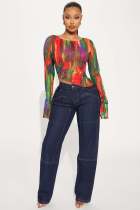 Sexy Mesh Printed Drawstring Top YD-8803