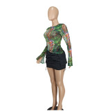 Sexy Mesh Printed Drawstring Top YD-8803