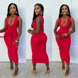 Fashion V-neck Solid Color Maxi Dress YD-8804