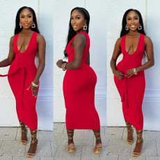 Fashion V-neck Solid Color Maxi Dress YD-8804