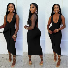 Fashion V-neck Solid Color Maxi Dress YD-8804