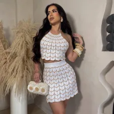 Sexy Knit Halter Backles Tie Up 2 Piece Skirts Set OSM-4452