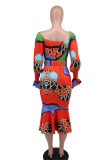 Long Sleeve Print Slim Midi Dress(With Belt) XHXF-400