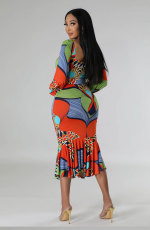 Long Sleeve Print Slim Midi Dress(With Belt) XHXF-400