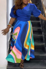 Color Clashing Printed Tie Up Long Skirt Two Piece Set NY-10742