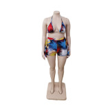 Plus Size Print Tie Up Backless Two Piece Shorts Set QYXZ-9942