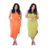 Plus Size Fashion Sleeveless Drawstring Midi Dress QYXZ-9983