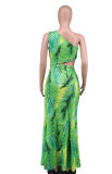 Sexy Slash Shoulder Print Split Two Piece Skirts Set XHXF-399