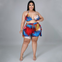 Plus Size Print Tie Up Backless Two Piece Shorts Set QYXZ-9942