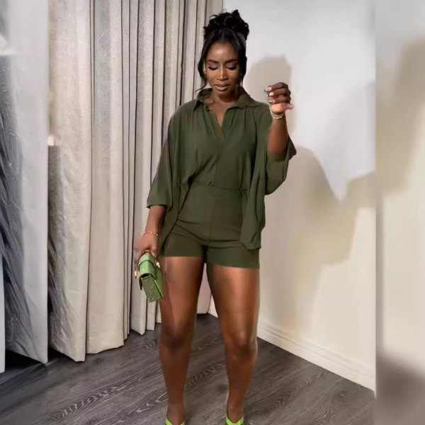 Solid Color Bat Sleeve Shirt Loose Two Piece Set NY-10731