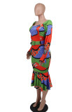 Long Sleeve Print Slim Midi Dress(With Belt) XHXF-400