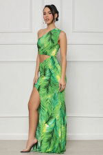 Sexy Slash Shoulder Print Split Two Piece Skirts Set XHXF-399