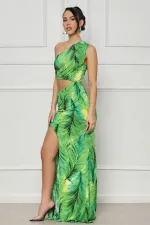 Sexy Slash Shoulder Print Split Two Piece Skirts Set XHXF-399